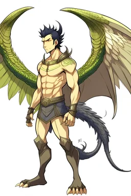 Anime man side character with dark , hybrid with dinosaur and wings,small muscles, aged 30, wearing a dinosaur with wings superhero suit ,anime