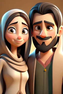 Make a 3D Disney animation couple Islam, cute,husband handsome with long hair