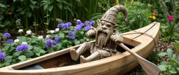 wooden garden troll in wooden kayak