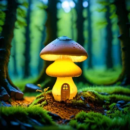 "Close up of a wonderful tiny Mushroom Tower home. Yellow and orange with bright white, deep black and contrasting tones of gray. Illuminated bioluminescent forest. Professional painter, master at composition. small but detailed. broken, blurred background, voluminous lighting"