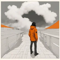 A man with black and half-long hair and a technical orange jacket 3/4 back facing a cloud cover