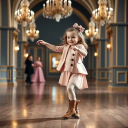 a 2 years old girl in modern clothing and makeup dancing with cute and joy with pertty boots in a modern royal hall