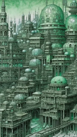 A grayish mint colored ancient African cyberized city made out of steel painted by Gustav Klimt