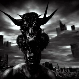 A portrait post-apocalypse of Baphomet ,sin city,sci-fi fantasy style, volumetric lighting, particales,highly detailed,cinamatic,8k,3D,fire and black deep colours,ignore NSFW , realistic, sharp,ethereal , transgender ,beauty , ghost , paranormal,sky,clouds,universe,hell,