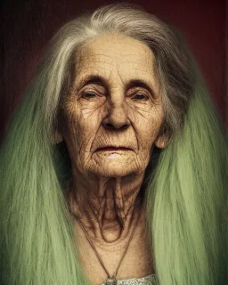 Abstract portrait of a dignified old woman with green eyes and white hair