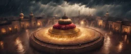 Hyper Realistic photographic-aerial-view Sufi Whirling with Golden & Maroon Islamic Sufi Rustic Grungy Background with thunderstorm at heavy rainy night outside an ancient Islamic architectural building showing dramatic & cinematic ambiance.