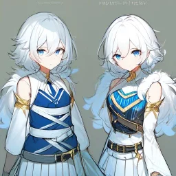 Clear focus, High resolution, rough line sketch art, short fluffy white hair, hair between eyes, fluffy hair, blue eyes, wearing a sleeveless shirt, wearing a a pleated skirt , detailed outfit, lots of details, bow on belt, white belt, white and blue everywhere on outfit, cut sleeve, yellow chains around outfit, concept art