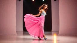 very beautiful 1 lady with makeup curvy hair pretty long skirt and bluose high heels, full body dancing gracefully in modern stage,dynamic lights