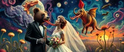 wedding couples promenade portrait of a bear ant eater squid elephant horse dragon floating in 4 dimensions, goa trance movie poster, stylized art, weird endless plants in the style of Dali and Rembrandt