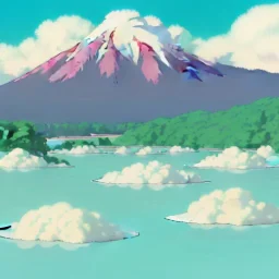 A landscape shot In the background A mountain made of cakes . above the mountain are pink and blue cumulus clouds made of cotton candy. a forest made from lollipops surround the lake. in the center a large lake made from a classic ice cream float.