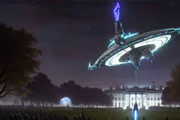 a alien craft that has landed on the white house lawn :: made of shiny obsidian glass :: reflective, glassy :: subtractive lighting, backlit :: by John William Waterhouse, Greg Rutkowski, HR Giger :: hyperrealistic, hyper detailed, photorealistic :: epic, incredible composition, amazing depth, meticulously composed, 16k resolution concept art :: fantasy magazine cover art