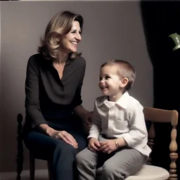 A mother sits on a chair and looks at her son with a smile and lots of love