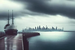 Cloudy day, distant city, ships, epic