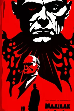 Mikhail Bulgakov’s The Master and Margarita, red background, black, white figures, bizarre, surreal, plakat by Jean Carlu