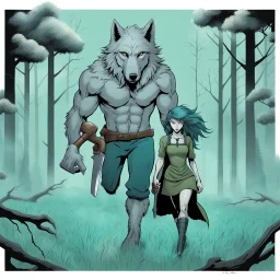 carrying a blacksmith's anvil an dark gray body hair anthropomorphic wolf-man hybrid and pale gray body hair anthropomorphic wolf-female hybrid in a blue-green meadow, in the background trees with huge trunks rainy day, high contrast, high detail, atmospheric, dark fantasy, sci-fi atmosphere