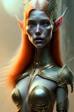 painting of a tall elven young woman with short light orange hair and freckles on the cheak bones and tall body of a topmodel light clothes, full body, ultra realistic, concept art, intricate details, eerie, highly detailed, photorealistic, octane render, 8 k, unreal engine. art by artgerm and greg rutkowski and charlie bowater and magali villeneuve and alphonse mucha