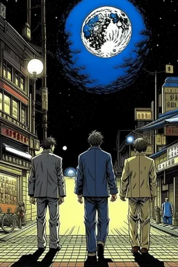 THE MOON HIDDEN SHADOWY FIGURES LABIRINTHINE STREETS meeting the boss big brother STYLE OF HIROKU OGAI