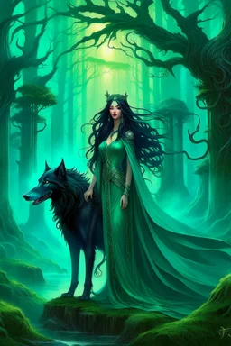 In the heart of a dense and enigmatic forest with towering ancient trees cloaked in emerald foliage stood a bewitching sorceress possessing an ethereal allure her lustrous hair cascading in ebony waves down to her slender waist that turns into roots In the background a faithful companion a majestic canine of Belgian shepherd lineage roamed at her side its eyes illuminated by an otherworldly crimson glow exuding an aura both mysterious and demonic