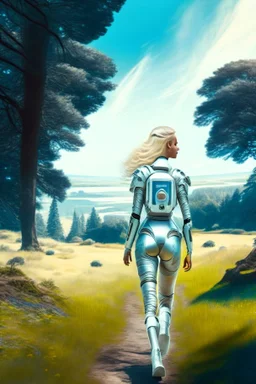 woman in a skin-tight silver spacesuit, with blond hair in a pigtail, walking towards a spaceship, back to the camera, on a path, wooded landscape in the distance, blue sky