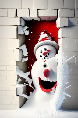 3d Christmas snowman, bursting out through a wall, plaster texture, white and red, 3d background