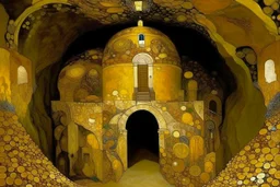 A beige underground mine with a temple painted by Gustav Klimt