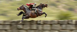 fast horse hippo hog kentaur jumping a wall with knight rider and lance, motion blurred background