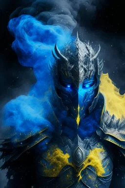 blue smoke in a shape of humanoid and a colour of a storm with yellow eyes wearing a scalemail armor