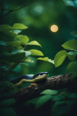 a snake sitting on top of a tree branch surrounded by green spring leaves, crepuscular , a snake on the branches crawling behind the bird ,lighting, unsplash photography, BOKEH shot style of time-lapse photography, fujifilm provia 400x, 100mm lens, luminous shadows, renaissance-inspired , home and garden, wildlife nature photography, HDRI.