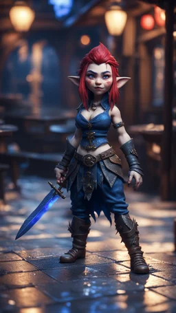 full figure with metallic stone gauntlets holding dark blue jagged dagger, standing on wet tiled floor outside fantasy tavern, female asian vampire gnome from worms armageddon wearing makeup, bokeh like f/0.8, tilt-shift lens 8k, high detail, smooth render, down-light, unreal engine, prize winning