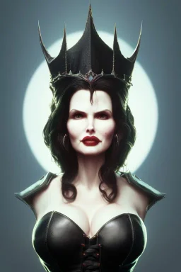 Geena Davis as evil queen in black leather, leather, busty, cleavage, angry, rage, stern look. character design by cory loftis, fenghua zhong, ryohei hase, ismail inceoglu and ruan jia. unreal engine 5, artistic lighting, highly detailed, photorealistic, fantasy