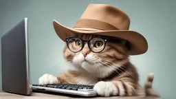 very clever cat with glasses and panama hat playing computer games