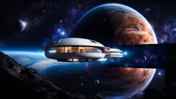 futuristic unique house flotaing in space in outer space in a star nebula, streamlined futuristic spaceship floating in front, nebula behind, stars, tiny planets in the distance, dark blue deep space Professional photography, bokeh, natural lighting, canon lens, shot on dslr 64 megapixels sharp focus, stunnig, cinematic