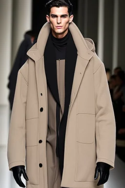 Men's winter fashion runway, super designer inspired by Superman style with the main emblem as the concept of the whole style beige tones