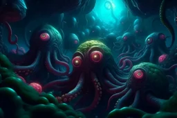 View into an event horizon in space with many enormous strange tentacled creatures with many huge faceted eyes and mouths, flying around, detailed matte painting, deep colour, fantastical, intricate detail, complementary colours, fantasy concept art, Unreal Engine 5