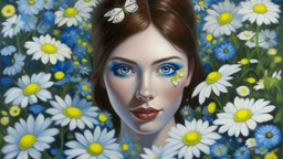 Oil painting of a woman with light skin and dark hair, surrounded by a dense vegetation of white and yellow daisies and small blue flowers, creating a floral setting around her face. Two white butterflies with blue spots are located among the flowers, one near her left temple and another on the right side of the composition. The woman has dark blue eyes, freckles, and blue lips. Her face features small, whimsical details, such as a small caterpillar near her left eye, a heart drawn on her cheek,