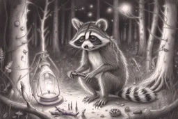 At dusk a curious raccoon explores the forest. Tiptoeing into human campsites, intrigued by human artifacts they found.- Pencil drawing, realistic, graphite