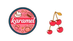 A round logo with a black, blue and pink border named (karamel) designed for a candy store with a red and pink gold color theme on a white background and using the symbols of cream, chocolate, birthday cake and some hanging cherries. Next to the logo in the design