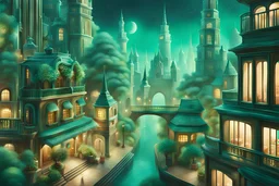 Create a magical city escape, with a detailed, imaginative depiction in the style of realistic, using acrylic material, illuminated by dreamy haze, featuring mint green colors, an aerial perspective, high detail quality, --v 1.