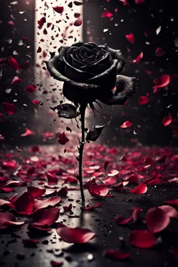 abstract image of a black rose, petals are falling to the ground, each petal has a cinematic scene on it like an old cinema movie scene, one of a fighting couple, the other of them laughing, a third one of a girl crying, the theme is built around the picking of petals while saying he loves me, he loves me not, cinematic lighting, 8k highly detailed, surreal and striking