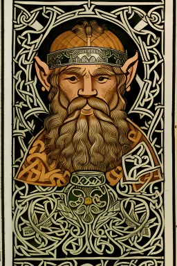 A viking drinking a tankard of honey mead. An oak leaves and green man are prominent. Book of Kells style