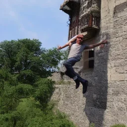 man falling from castle