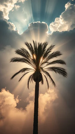 Sun light above swirling clouds, emerges from the heart of a raging storm. Turbulent winds of steam swirl around lit by shafts of sunlight that cast dramatic shadows on the A beautiful date palm tree, High quality 16k cinematic scene and great photography