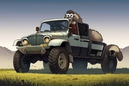 a robot terminator portrait of a broken head mechanic, kissing a hybrid mixed body part sheep, fixing (far away old land rover 4x4 discovery 2) in the countryside