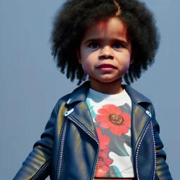 Zazie beetz toddler, full body, leather jacket, floral shirt, floral skirt, Nike sneaker, soft skin, city background, dramatic lighting, hyper realistic