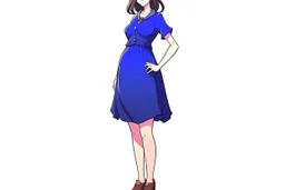 full body of a brown haired anime manga pregnant girl in dark blue dress with eyeglasses