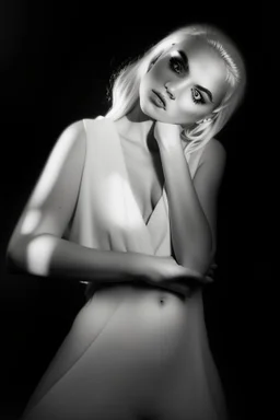 Mujer rubia iluminada, retrato medio cuerpo, iluminada potentemente desde el lado derecho, blanco y negro vaporoso, al estilo del fotógrafo Hugo Alonso