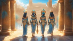 pleiadian , lyrans and blue avians walking around in ancient Egypt realistic, photorealistic symmetric, art by , Yuumei wlop, in the style of , Pixiv Ghibli, natural lighting sunlight, smiling peaceful friendship, Octane 4k highly detailed intricate scenery very detailed reflections