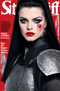SNIFFIN’ GLUE magazine high res photo cover by Iwan Baan:, special Disobey issue, guest star: youthful Nina Hagen in medieval nun opening the ocean in chainmail armour with a bloody zweihander sword, NO RULES, just punk