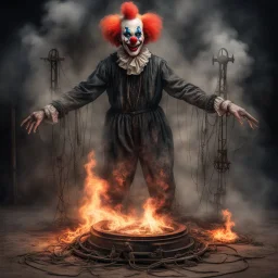 Hyper Realistic clown standing on a burning pentagram doing satanic ritual with cobwebs & old machinery