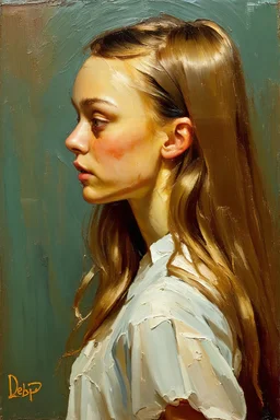 Lily-rose Depp, long hair, profile, ,tired,in the style of paul cezanne, oil painting
